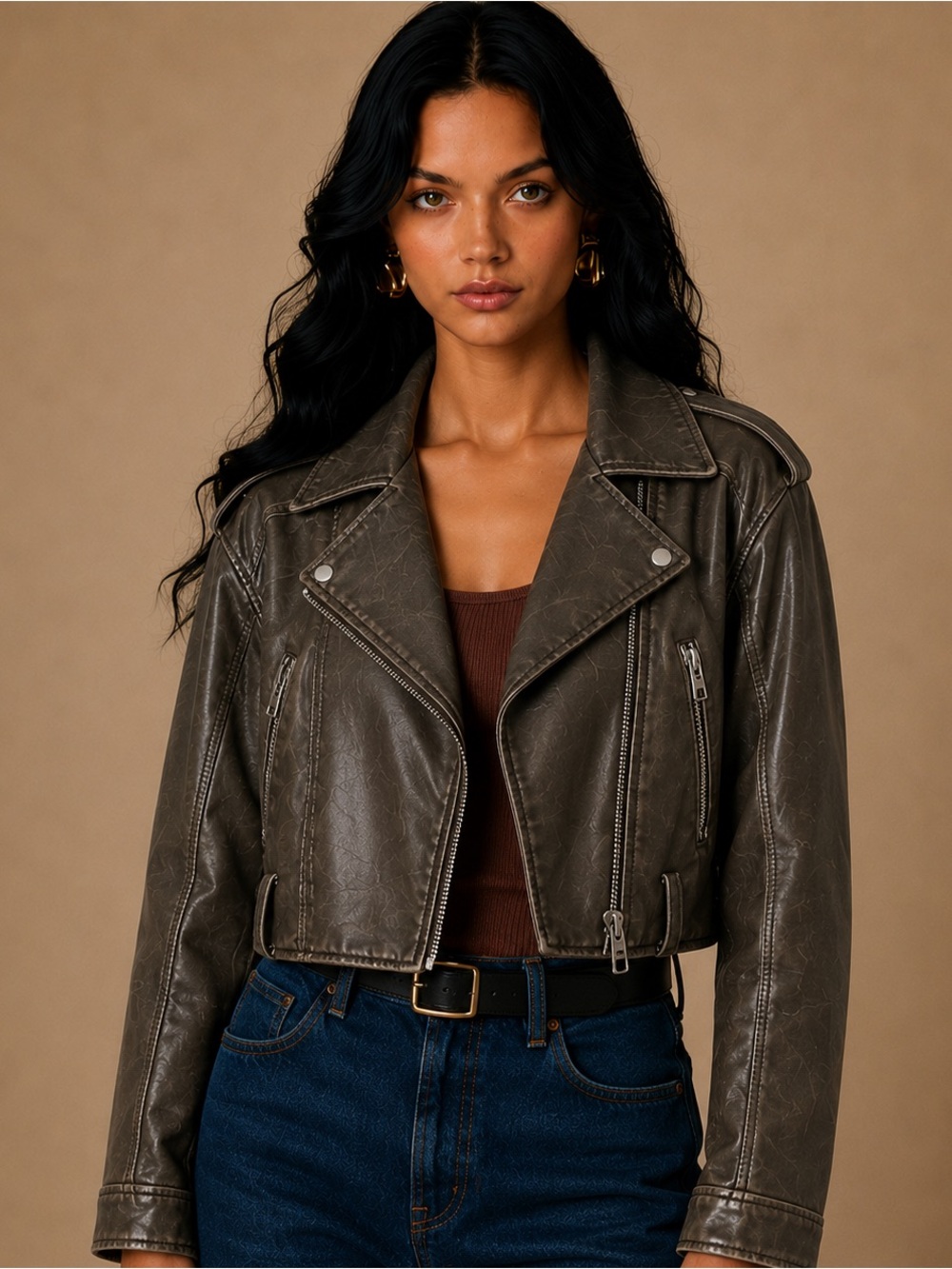 Zara Cropped Faux Leather Biker Jacket Small Charcoal Dark Grey NWT Sold Out